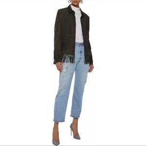 L'AGENCE The Maybury Olive Gray 100% Soft Genuine Leather Fringe Suede Jacket